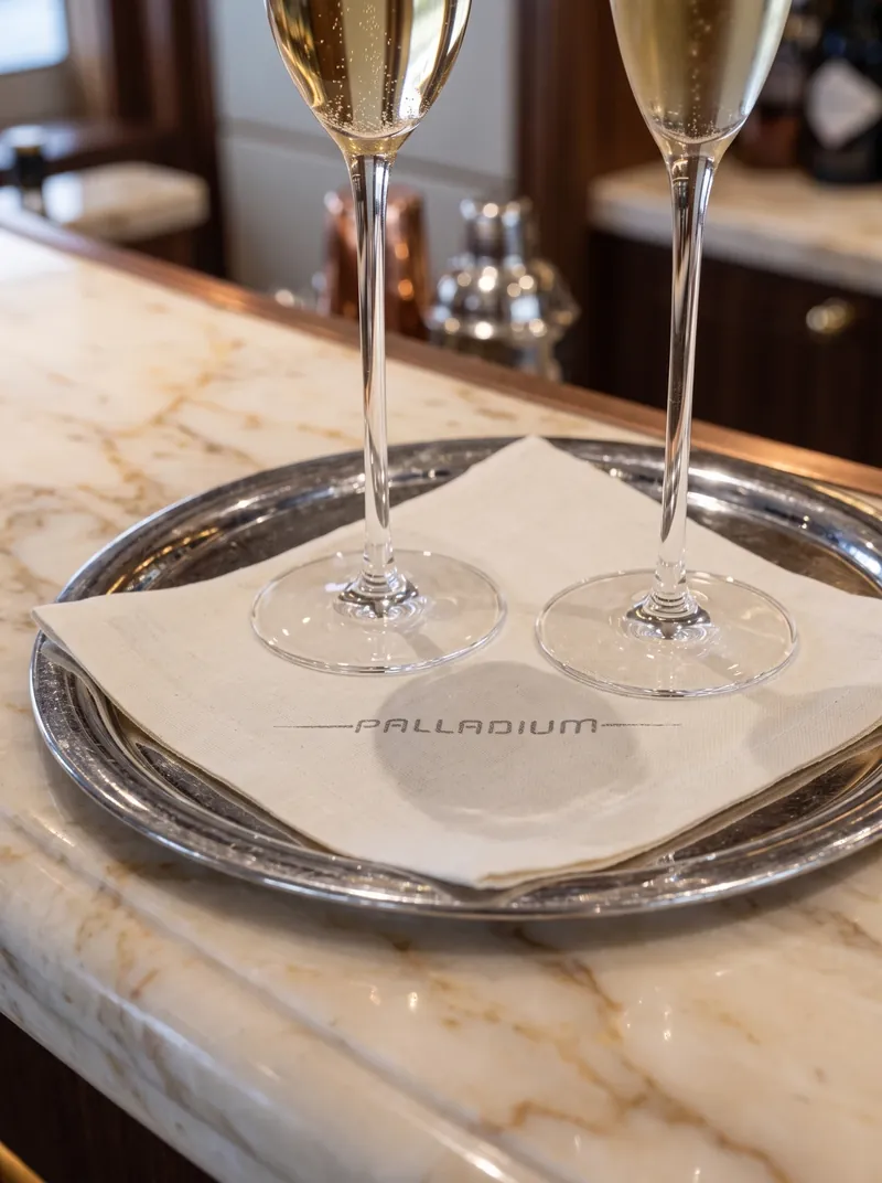 Embossed napkin under champagne flutes on a silver tray